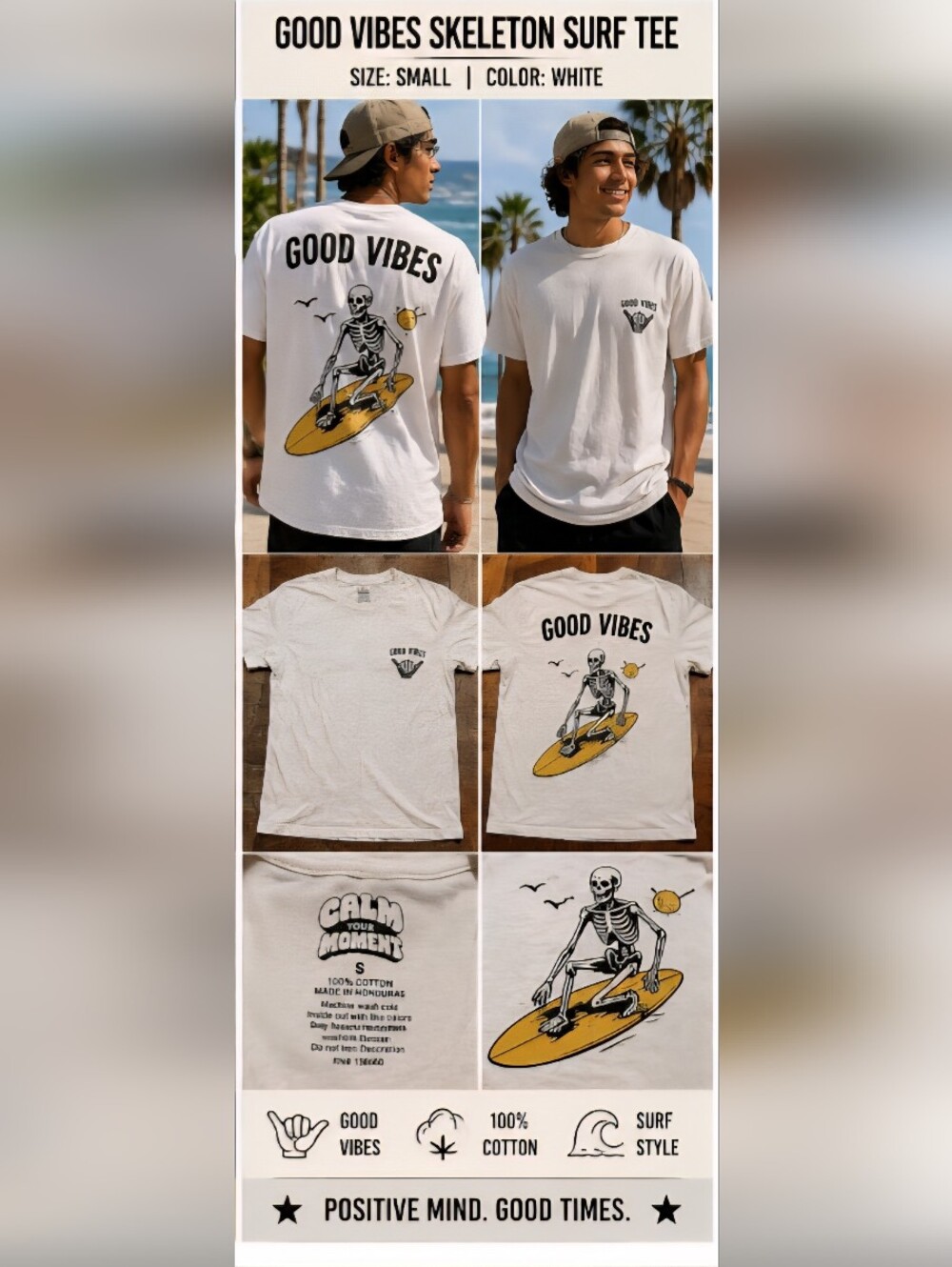 Good Vibes Surf Skeleton Tee - White